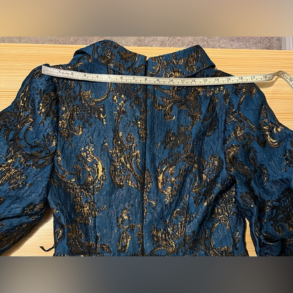 Badgley Mischka Metallic Brocade Jacquard Maxi Dress Blue Gold Puff Sleeve Dress - Picture 14 of 14